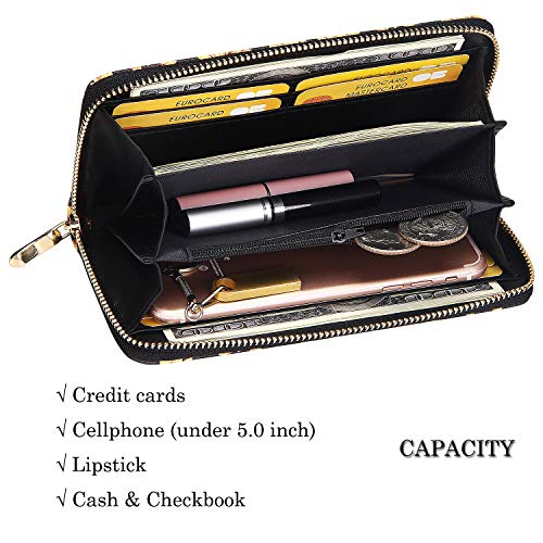 KUKOO Women’s Printed Zip Around Wallet Phone Clutch Purse Card Holder Organizer (Yellow -daisy-1)4