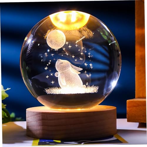 Image of 3D Rabbit Moon Crystal Ball LED Night Lamp, Cute Bunny Design with Wooden Base, Soft Glow Table Light for Kids Room, Nursery Gift (Rabbit Moon)