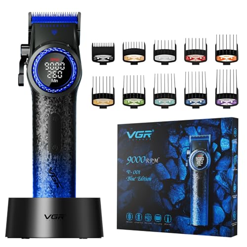 Image of VGR V-001 Professional Salon Quality Hair Clipper | ๐ต๐ฌ๐ฌ๐ฌ RPM High-Power DC Motor, ๐๐๐ Min Runtime, DLC Diamond-Coated Blade, LED Display & Light | Taper Lever & 15 Length Settings, Blue