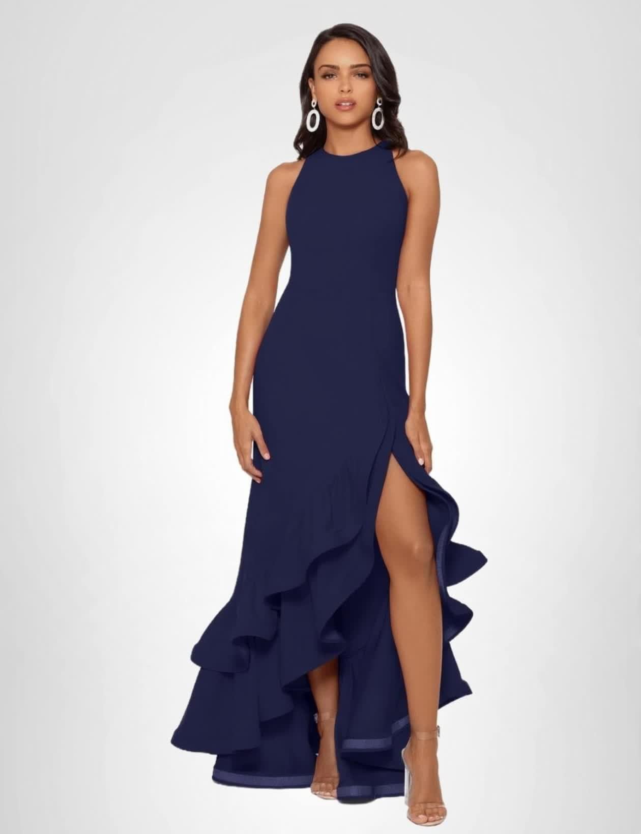 Betsy & Adam Womens Long Sleeveless Stretch Scuba Crepe Ruffle DressSpecial Occasion Dress: 8 Petite Navy