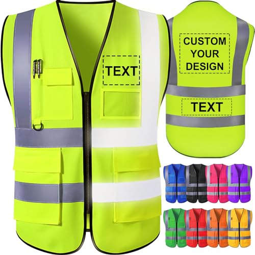 GBVllexuii Custom Safety Vest for Men with Logo Pockets Yellow High Visibility Reflective Vests Construction Security Workwear Outdoor Protective XL