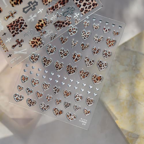 Image of Leopard Nail Stickers Decals Heart Nail Art Stickers 5D Embossed Self Adhesive Nail Decals for Nails Art Design for Women Girls Supply Manicure Decoration Accessories