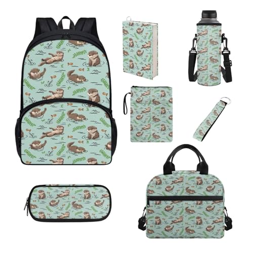 Set di 7 pezzi zaino per scuola elementare primaria sencondaria ragazze ragazzi bookbag borsa pranzo astuccio Otter Taglia unica Set di zaini per la