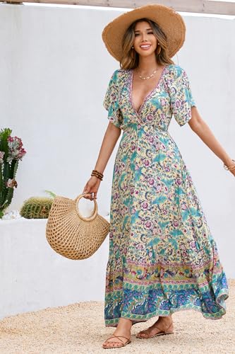 Image of R.Vivimos Women's Summer V Neck Maxi Dress Boho Floral Print Short Sleeve Elastic Waist Ruffle Patchwork A-Line Beach Dress