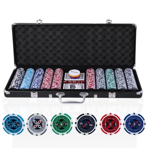 カジノセット ポーカーセット 【本格的なポーカー体験を貴方に】 カジノチップ チップ ポーカーチップ 麻雀チップ カジノ ポーカー 麻雀 ゲームチップ 5色 100枚 200枚 300枚 500枚 (数字あり-ブラックアルミケース付-500枚)