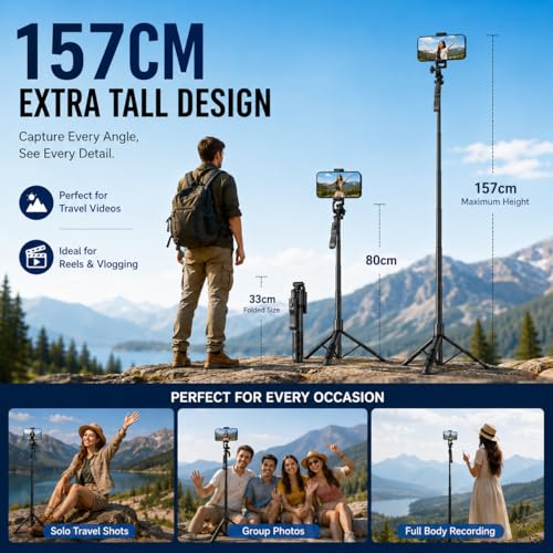 Image of HIFFIN H16 Creator Tripod Selfie Stick with Bluetooth Remote, 157cm Extendable Mobile Stand for Reels, Vlogging, YouTube & Travel Video Recording, Tripod Compatible with iPhone & Android