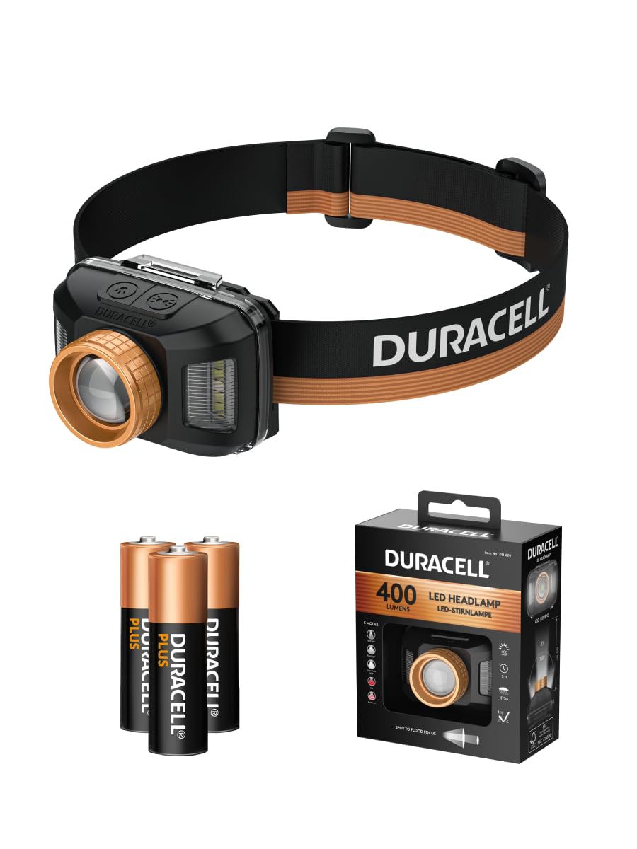 Duracell Lampe frontale LED DH400 Core – 400 lumens, focalisable, portée d'éclairage 50 m, fonction lumière rouge, différents modes d'éclairage, 3 piles AAA incluses, ergonomique, résistante aux