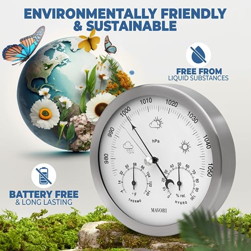 Mavori WSA ® 3In1 Weather Station Analog - Barometer, Hygrometer & Thermometer For Indoor - Ø 13,5Cm Stainless Steel Frame With Acrylic Glass - Great Barometers For Home - Barometric Pressure Gauge thumb #4