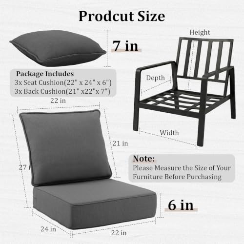Image of 6 inch Thick Outdoor Chair Cushions, 22 x24 Inch Patio Furniture Cushions Set of 3 with Water Resistant & Removable Cover, UV Resistant, 30D High Density Sponge Patio Cushion