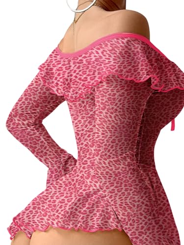 Image of Foxiny Sheer Ruffle Long Sleeve Babydoll Lingerie Dress | Off-shoulder neckline, flared cuffs and a flounce hem add movement; thong and thigh-high stockings complete the 3-piece set