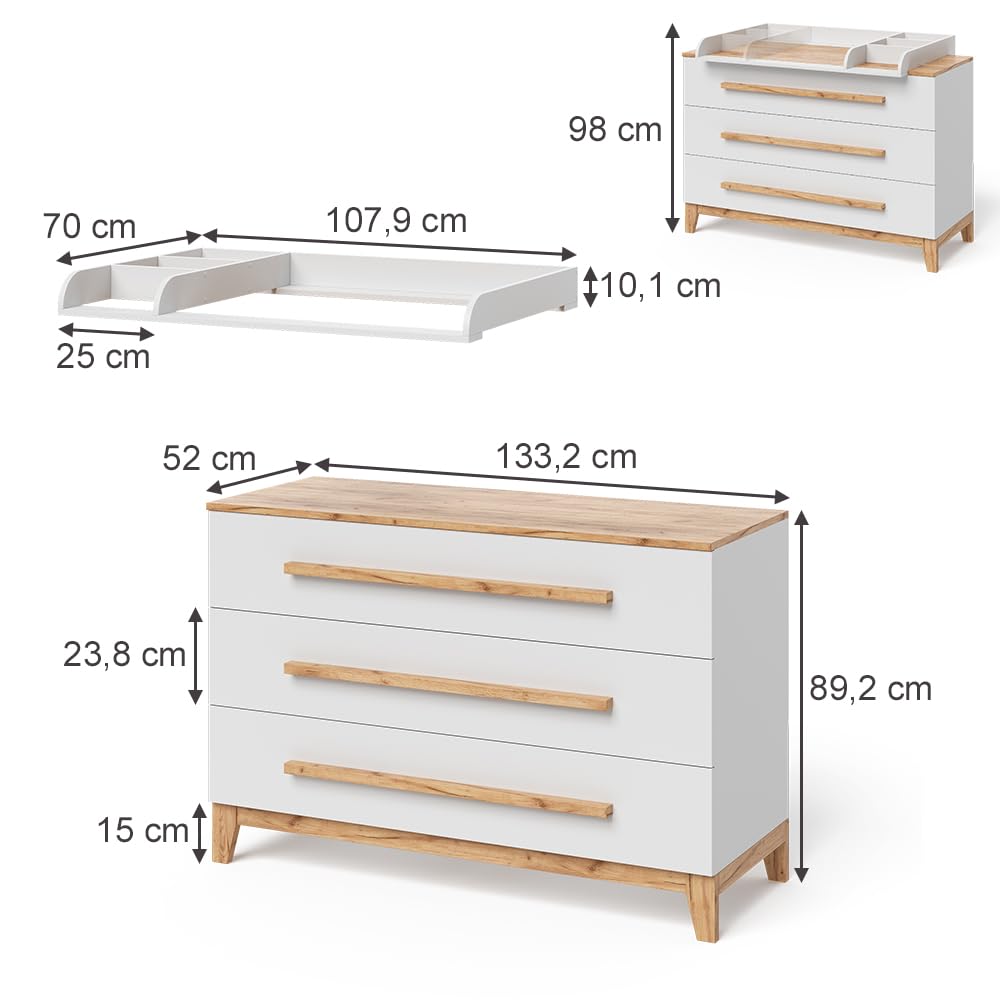 Vitalispa Przewijak "Malia", Biały/Artystyczny, 133.2 x 98 cm | z 3 szufladami, avec plan à langer amovible pour une utilisation comme commode
