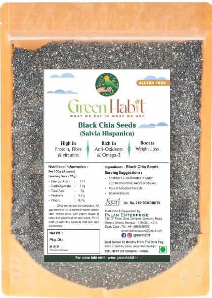 Greenhabit Organic Black Chia Seed/ Salvia Hispanica, Weight Loss Management for Diet Food, Rich in Fiber Anti-Oxident & Omega 3, Healthy Breakfast Snack- 1Kg