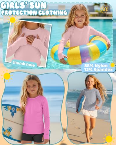 Image of 3 Pack Girls Rash Guard Swim Shirts 5-14Y UV Sun Protection Long Sleeve Thumb Hole Quick Dry T-Shirts UPF 50+ Tees
