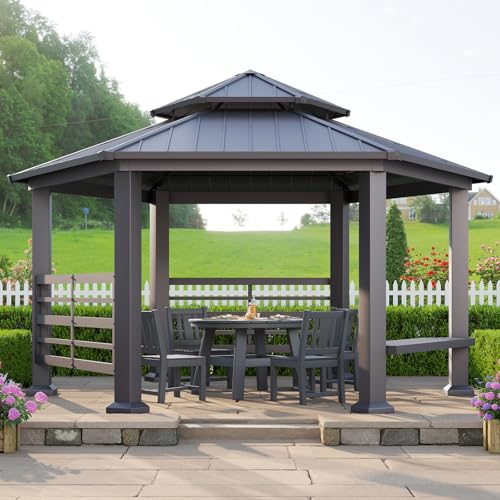 AMERLIFE 13X15FT Hardtop Gazebo, Hexagon Metal Patio Gazebo, Double Tiered Patio Pavilion with Aluminum Foot, Dual Rails, Ceiling Hook and Bench for Patio, Garden, Backyard Shade