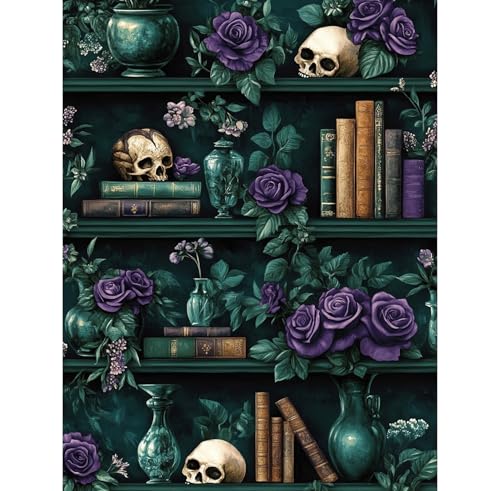 Image of QENSPE 5D Diamond Art Mystic Book Shelf,DIY Round Full Drill Diamond Painting Kits for Beginners,Vase & Skull Diamond Dots for Adults,Home Wall Decor & Gift Perfect for Relaxation 12x16 inch