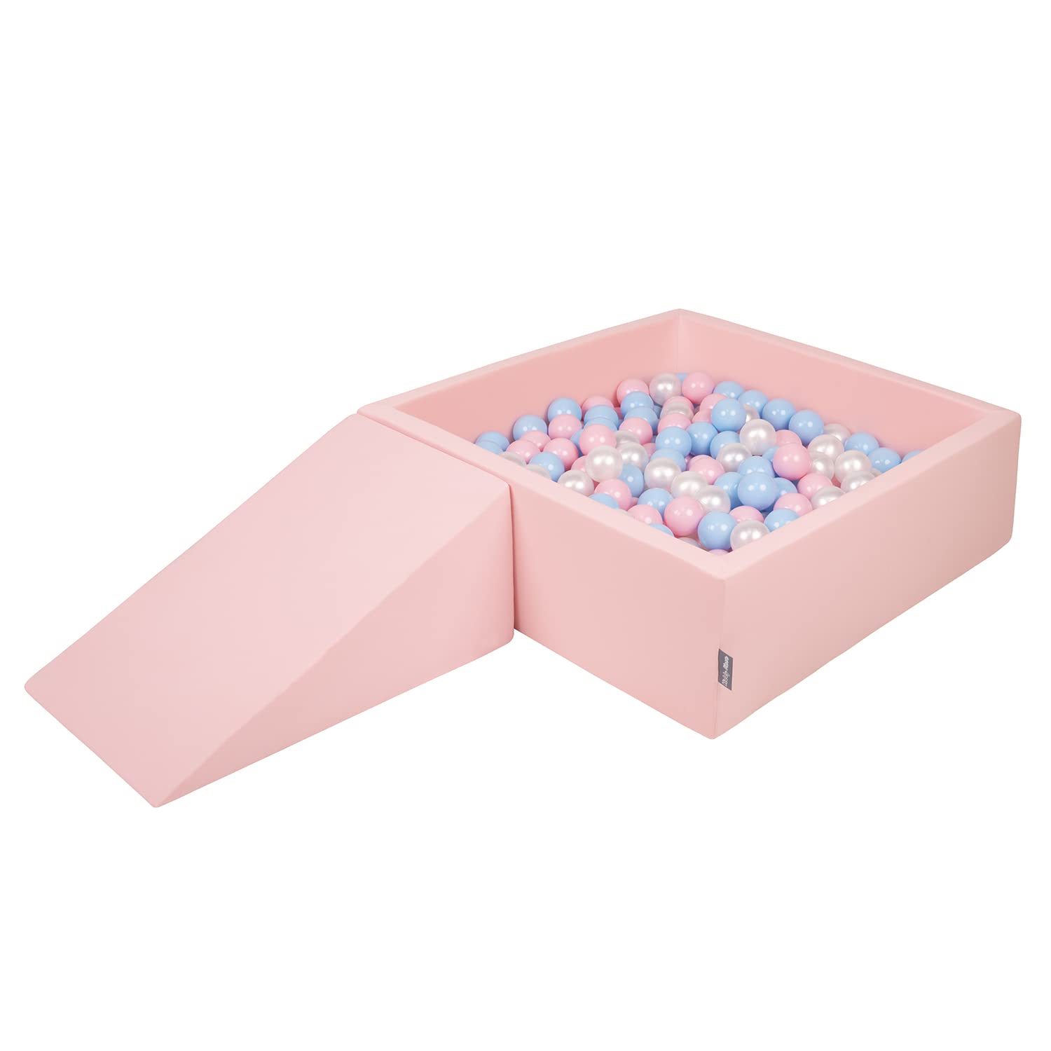 KiddyMoon Foam Playground For Kids With Square Ballpit (100 Balls ∅ 7Cm/2.75In) Soft Obstacles Course And Ball Pool, Made In The EU, Pink:Babyblue/Powder Pink/Pearl