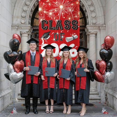Image of Graduation Banner, Graduation Decoration, 2026 Red and Black Congrat Grad Door Banner, Class of 2026 Grad Sign Backdrop for Indoor Outdoor Yard for University High School Commencement Party 90*185cm