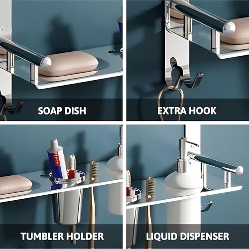 Image of GLOXY Premium Chrome Finish Bathroom Stainless Steel Organizer with Soap Holder, Liquid Soap Dispenser and Toothbrush Holder - 6 in 1 Bathroom Rack Shelf for Home, Office, Hotels & Restaurants