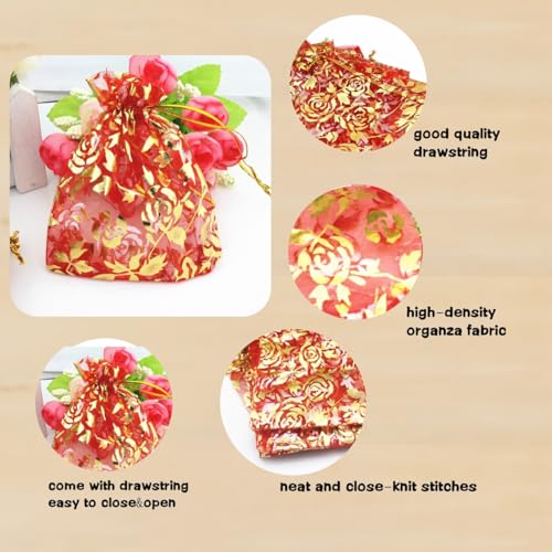 Image of 100 pcs 3.5 x 4.7 Inch Flower Heart Organza Jewelry Gift Pouch Candy Pouch Drawstring Wedding Favor Bags X92 (red gold flower)