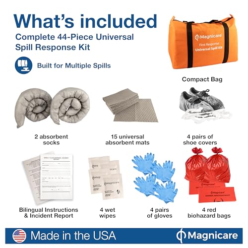 Image of Universal Spill Kit OSHA Approved - Biohazard Clean up Kit for Oil, Water & Chemicals | 15 Absorbent Pads, 2 Socks, PPE, Biohazard Bags in Bright Orange Duffel Bag