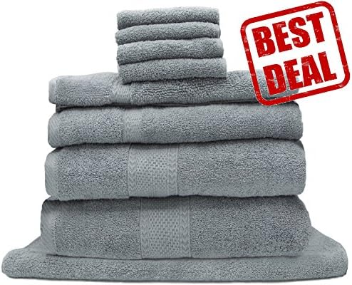 NaturCute Luxury 9-Piece Cotton Bath Sheets Set - Two Bath Towels, Two Hand Towels, Four Washcloths, One Bathroom Mat (Gray)