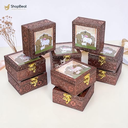 Image of Handcrafted Wooden Jewellery Organisers Box Copper Finish (4 x 4 inch) - Pack of 10 | Oxidized Pichwai Cow Design | Decorative Jewellery Box for Women | Gifts for Women | Ivory Sand