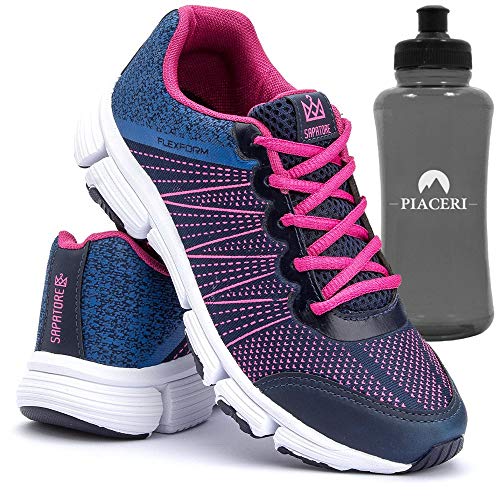 Tênis Feminino Esportivo com Cadarço Azul e Pink e Squeeze Cor:Azul;Tamanho:35;Gênero:Feminino