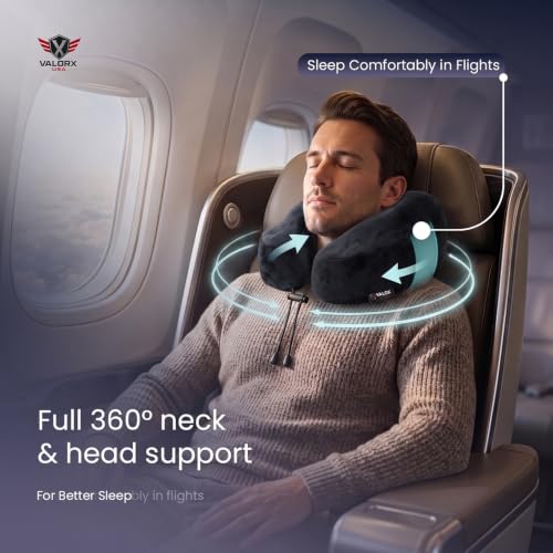 Image of Premium Memory Foam Neck Pillow by ValorX USA for Travelling 360 Neck Support with Ultra-Soft Lightweight Velvet Cover & Free Travel Pouch, Black