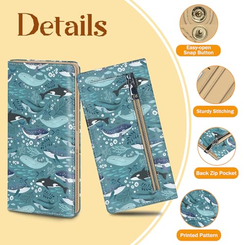 Image of Immaturus Dolphins Womens Wallet RFID Blocking Slim Thin Credit Card Holder | Long Bifold, 11 Card Slots, Cash Purse, Zipper Coin Pocket, Travel Clutch Billfold, PU Leather, ID Window, Ladies Woman Gift