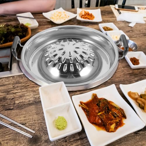 ABOOFAN Thai Korean BBQ Grill Pan Stainless Steel Barbecue Grill Topper Camping BBQ Pan for Shabu Vegetable Egg Pork Beef Meat Garlic Korean Cookware Silver - Image 8
