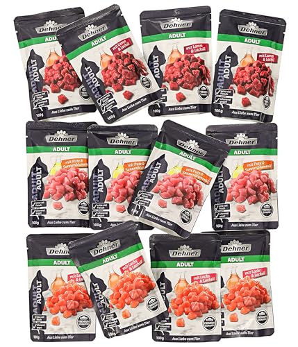 Dehner Premium Katzenfutter Multipack, Nassfutter, für ausgewachsene Katzen, je 4 x Lamm / Pute / Lachs, 12 x 100 g Beutel (1.2 kg)
