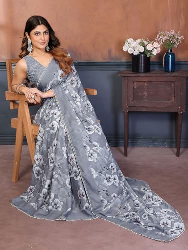 Image of Satrani Women's Georgette Floral Printed Saree with Unstitched Blouse Piece