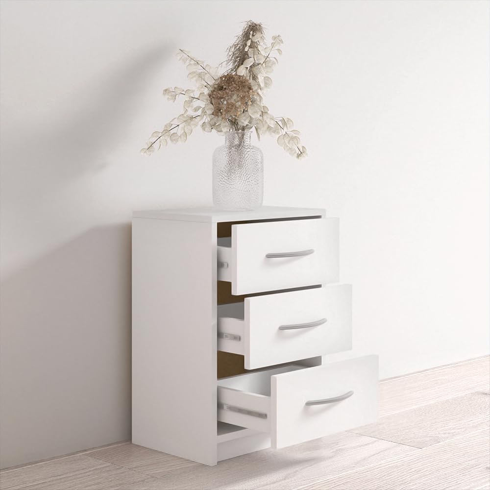 Meble Furniture Polo 3D Nightstand with Three Storage Drawers — Modern Matte Finish Bedside Table — Compact Lightweight Design, 17.7 x 15.7 x 20.1 inches — White