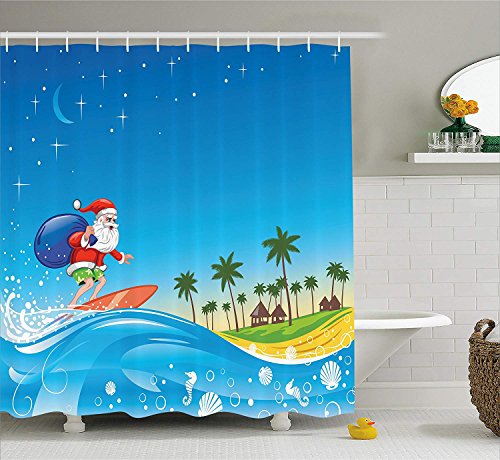 Afagahahs Christmas Shower Curtain Surfing Santa on a Wave with Sack at The Beach Tropical Night Fantasy Cartoon Fabric Bathroom Decor Set with Hooks