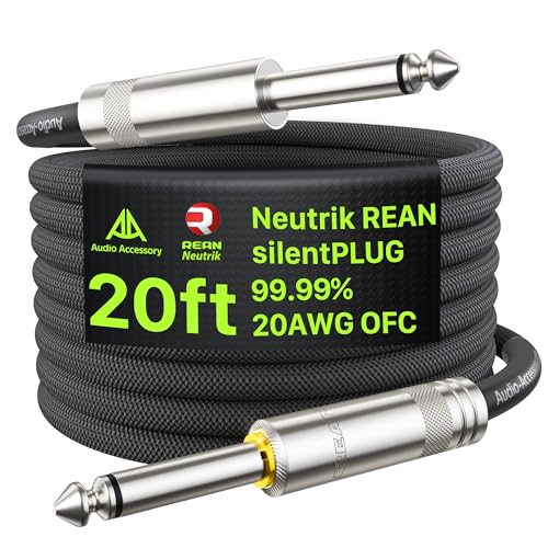 Image of AA AUDIO ACCESSORY Silent Guitar Cable 20 ft, Neutrik REAN silentPLUG, Kevlar-Reinforced Nylon Braided Anti-Kinking, Auto Mute 20 AWG 99.99% OFC 1 /4 Instrument Cable, Shielded Amp Cord for Bass Guitar