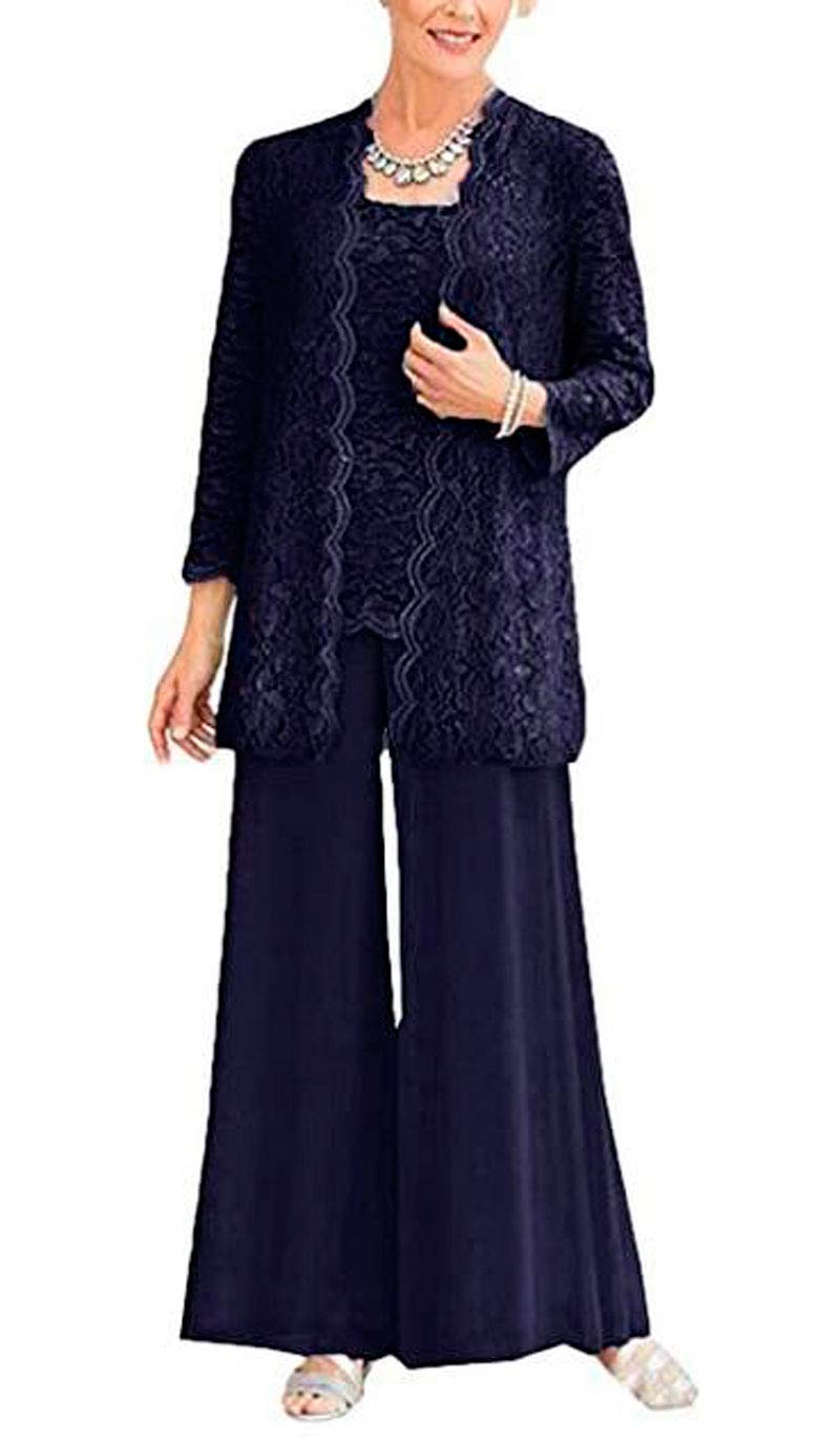 Ensemble 3 pièces en dentelle avec pantalon et veste longue pour femme - Bleu - 48