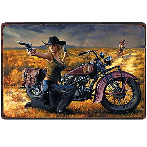 Original Retro Design Cowgirl And Motorcycle Tin Metal Signs Wall Art | Thick Tinplate Print Poster Wall Decoration For Garage #TOP8