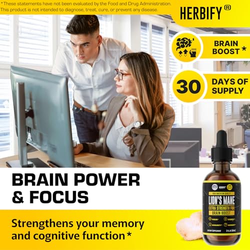 Image of HERBIFY Lions Mane Mushroom Supplement - Immune Support - Lions Mane Tincture for Memory, Focus & Clarity - Daily Mushroom Supplement - 2 Fl oz 2 Pack