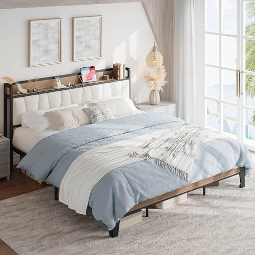 Image of LIKIMIO California King Bed Frames, Storage Headboard with Charging Station, Solid and Stable, Noise Free, No Box Spring Needed, Easy Assembly, Wood and Cream