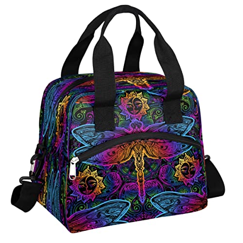 Bohemian Colorful Insulated Lunch Bags for Women Men Ethnic Dragonfly Reusable Lunch Box Shoulder Strap Tote Lunch Bag Cooler Thermal Bag for School Work Travel Office Picnic Girls Boy Adult