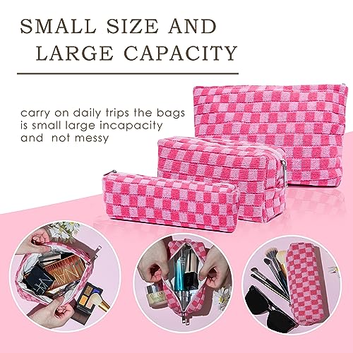 Large Capacity Makeup Bag Set Pink Checkered Makeup Bags 3 Pieces Canvas Travel Makeup Bag Organizer Travel Toiletry Bag Storage Bag for Women - Image 4