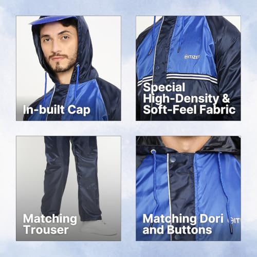 Image of Citizen Reversible Raincoat For Men With Inbuilt Hood, Waterproof Pant & Carry Pouch | Dual Color Sports Style | 190T Polyester With Pvc | Durable & Lightweight Standard Length Rainsuit