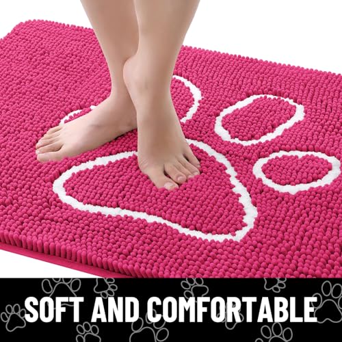 Image of Smiry Dog Door Mat for Muddy Paws, Absorbent Dirt Trapper Non Slip Quick Dry Washable Chenille Mat for Mud Dogs, Entry Rug for Indoor and Outdoor (30x20 Inches, Hot Pink and White)