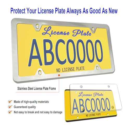 ZXFOOG License Plate Frame Cover Kit- Clear Flat Plate Cover & Stainless Steel Car Tag Holder, Unbreakable Novelty Protector Fit Standard US Plate, Mount Screws, Chrome Caps, 1 Pack for Front or Rear