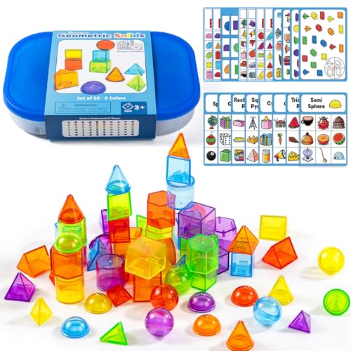 Odoorgames 60 Pcs 3D Shapes for Teaching - Light Table Manipulatives - Geometric Shapes for Classroom