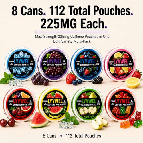Image of LyvWel 225mg Caffeine Pouches, Guarana-Powered Energy Pouches, Nootropic Pouches, Nicotine Free Pouches and Tobacco-Free with Bold Flavors, 112 Total Pouches (8 Pack, All Flavors)