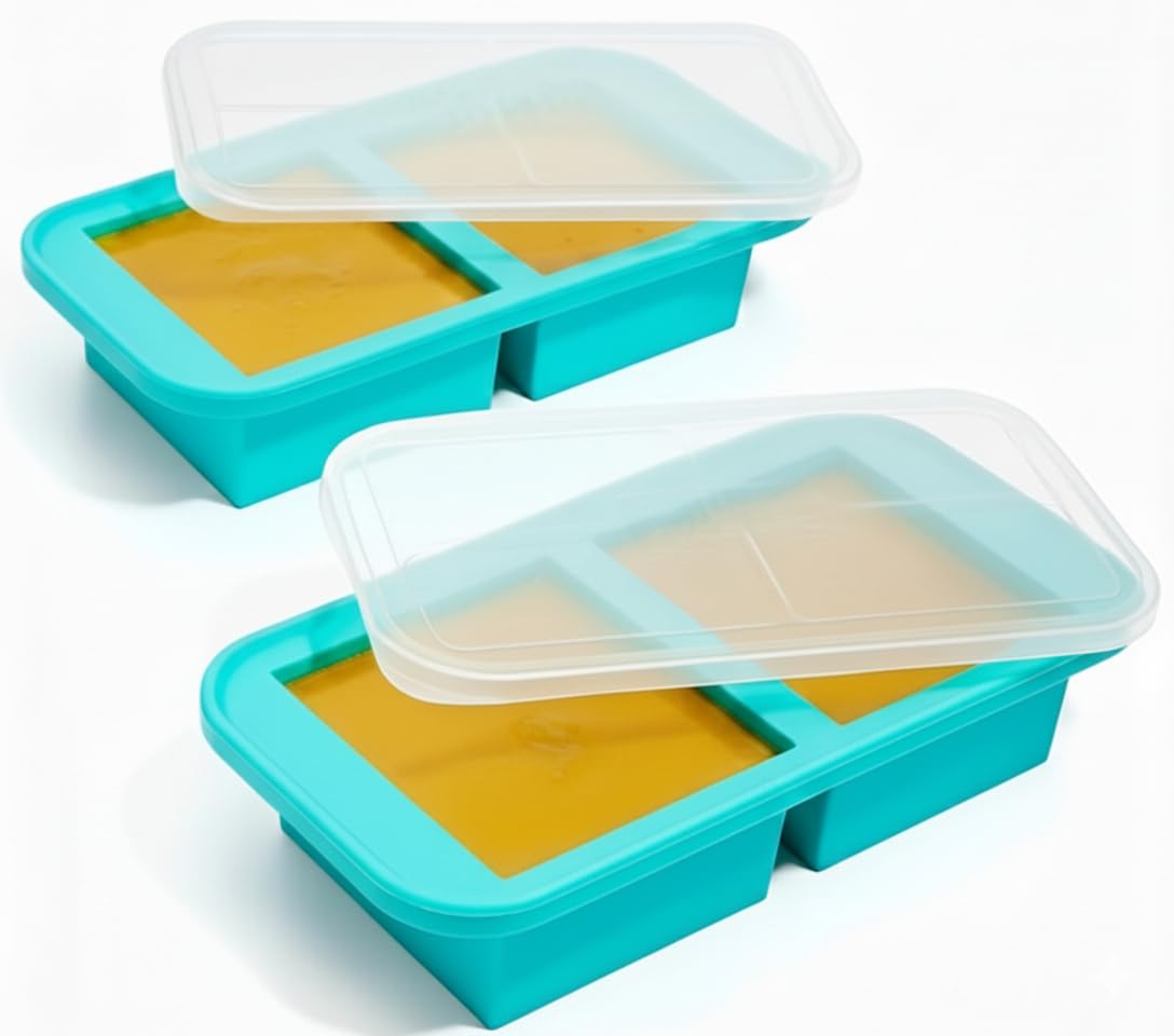 SARAOONT 2-Pack 2-Compartment Silicone Freezer Tray for Large Meals & Leftovers - Food-Grade Silicone with Lid, 500ml Portions, Aqua (2 Portion)