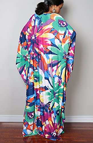 Swimsuit Cover Ups Women's Purple Green Flower Turkish Caftan Silk Wrinkle Et`hnic Print Plus Size Kaftans Floral Print Batwing Sleeve Over Sized Caftans Lounge Wear Maxi Beach Dress 8693-9 (C-Purple) #TOP1