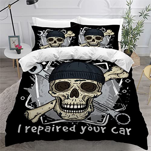 Parure de lit 3 pièces en microfibre douce et respirante avec housse de couette de 135 x 200 cm et 2 taies d'oreiller de 80 x 80 cm, motif squelette pirate,...