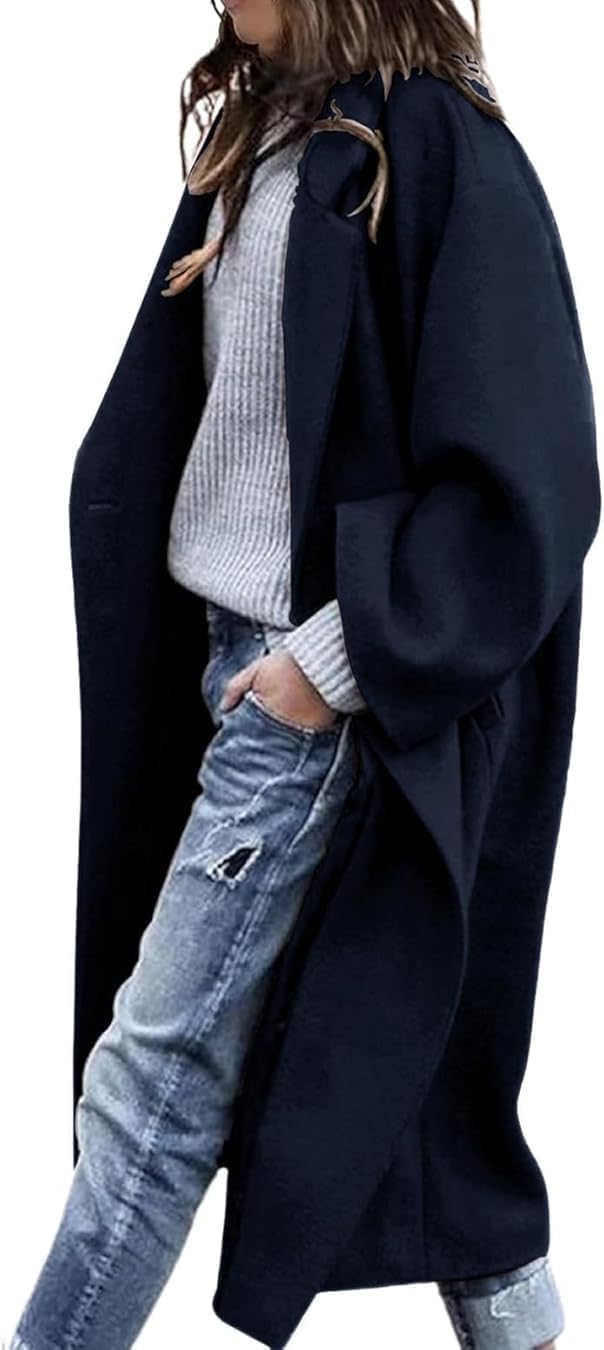 Women's Winter Pea Coat Notch Lapel Single Breasted Oversized Long Casual Wool Blend Overcoat Dark Blue Medium